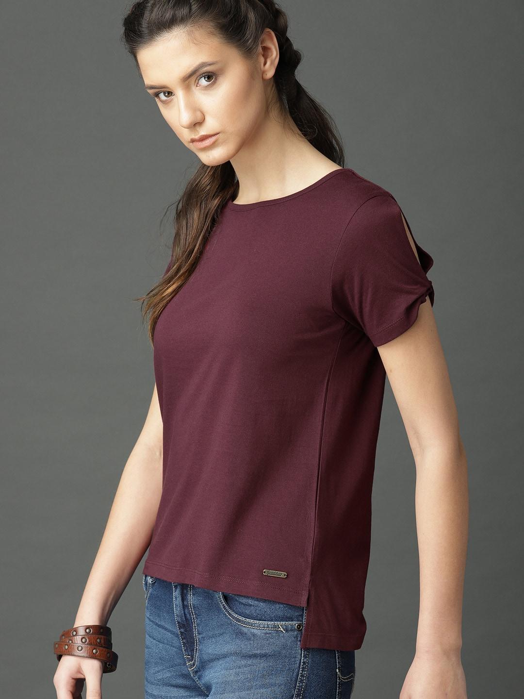roadster-women-burgundy-solid-high-low-pure-cotton-top