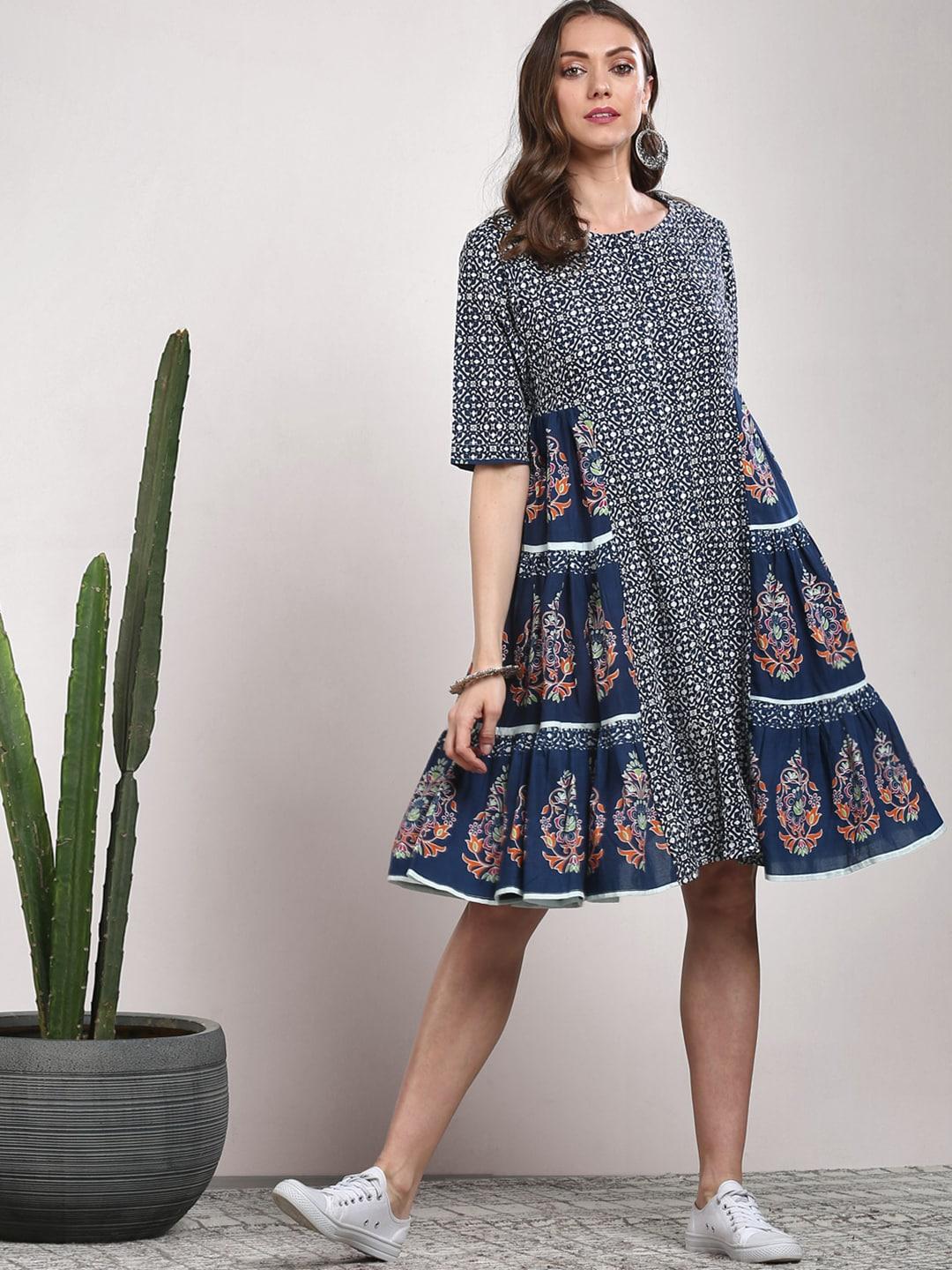 Sangria Navy Blue Abstract Printed Cotton A-Line Dress