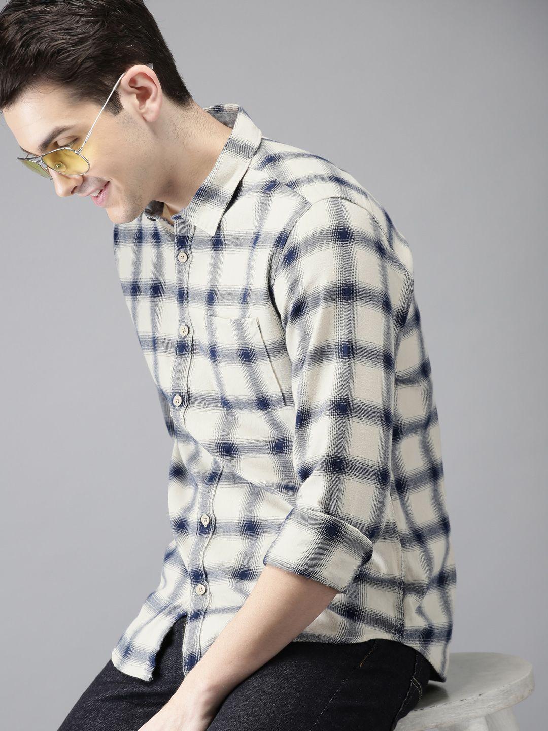 here&now-men-beige-&-navy-blue-regular-fit-checked-casual-shirt