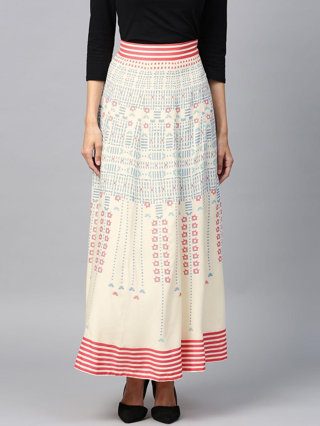 W Women Off-White & Blue Printed Maxi Skirt
