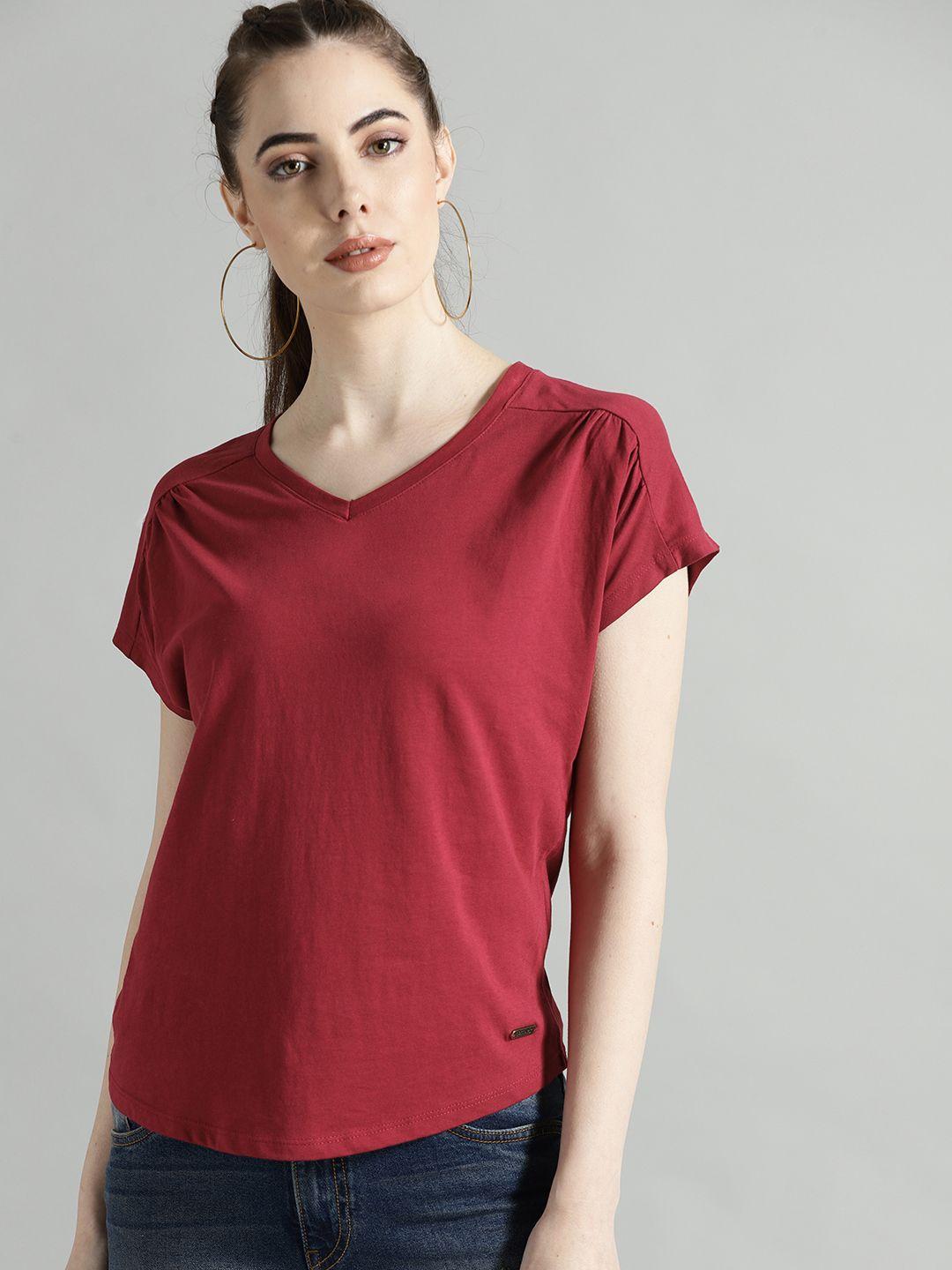 roadster-women-red-solid-t-shirt
