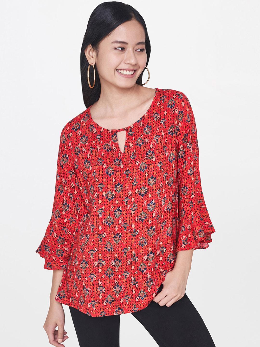 Global Desi Women Red Printed A-Line Pure Cotton Top