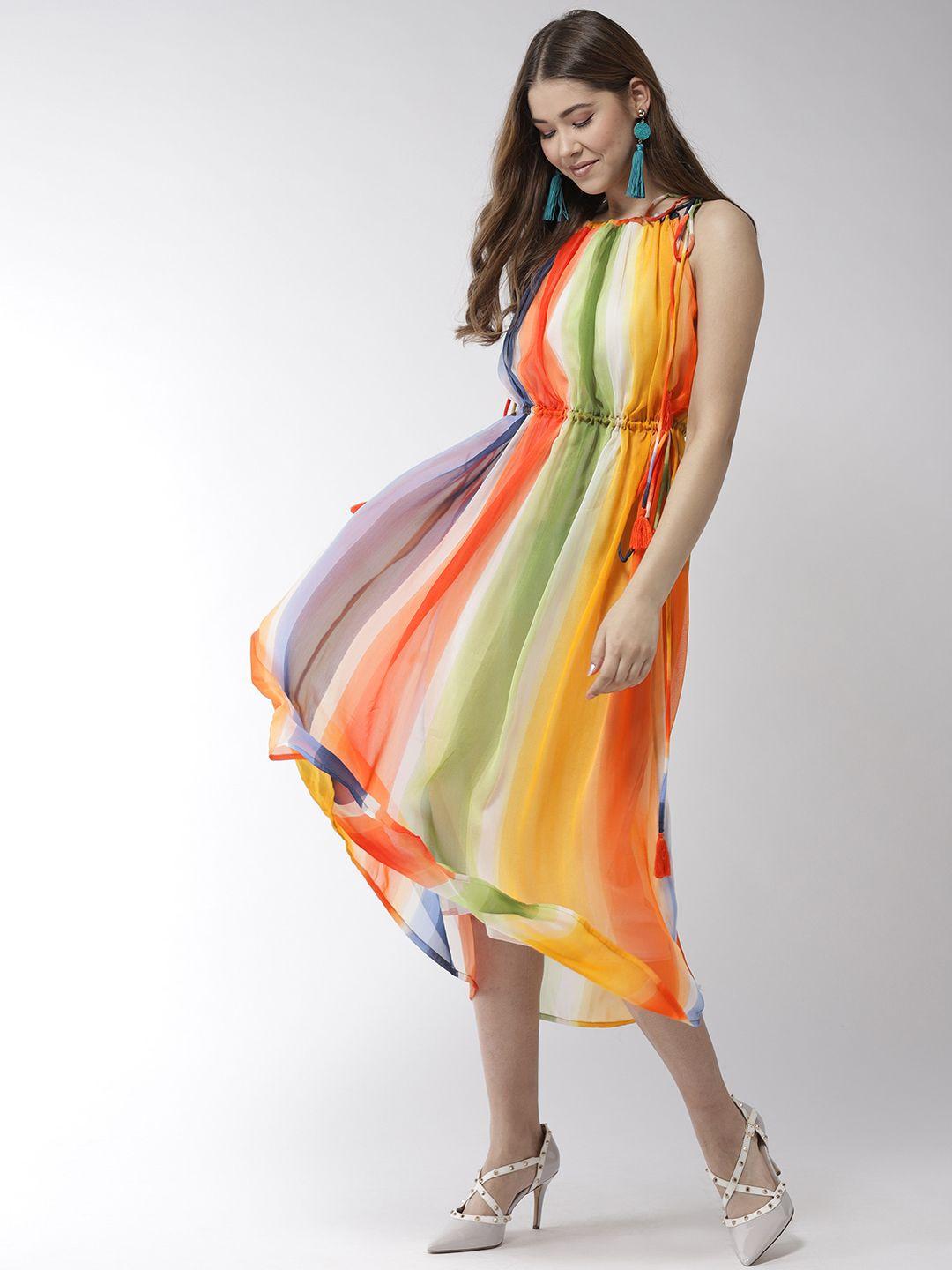 StyleStone Rainbow Print Tie-Up Midi Dress