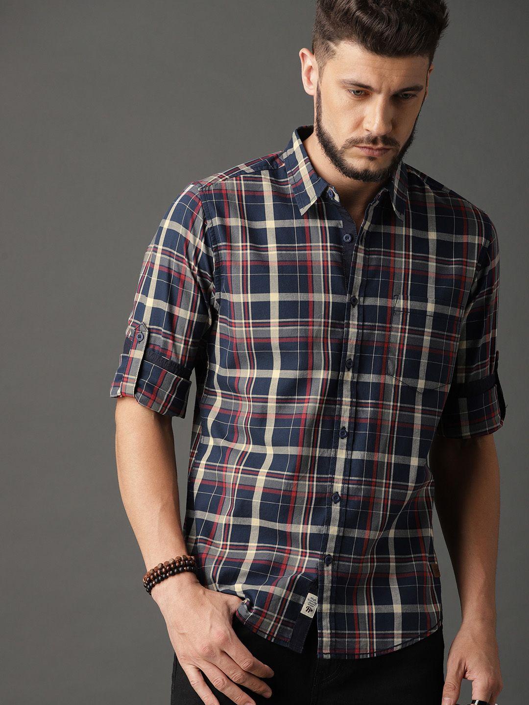 Roadster Men Navy Blue & Beige Checked Casual Sustainable Shirt