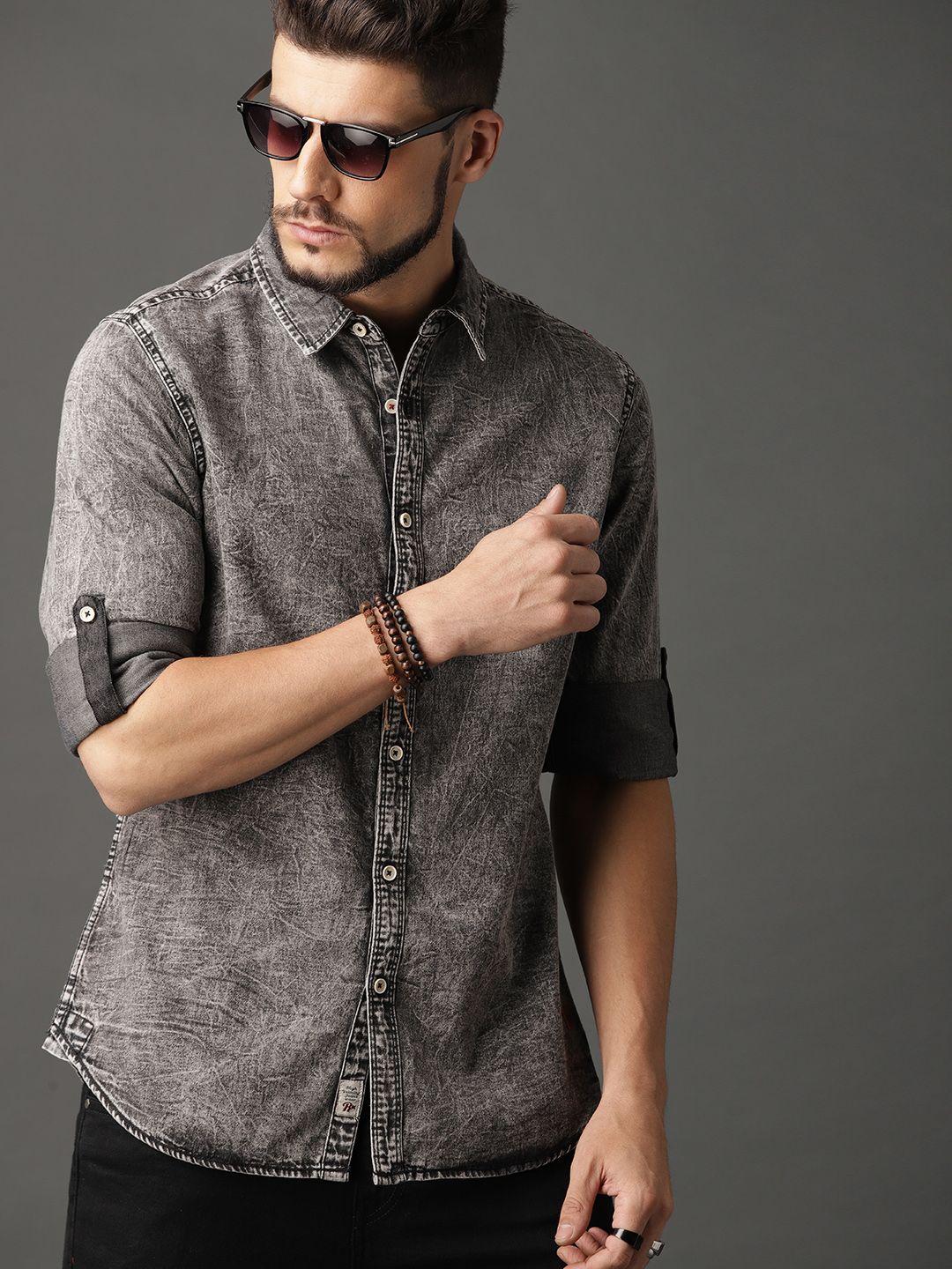 Roadster Men Grey Faded Denim Sustainable Casual Shirt