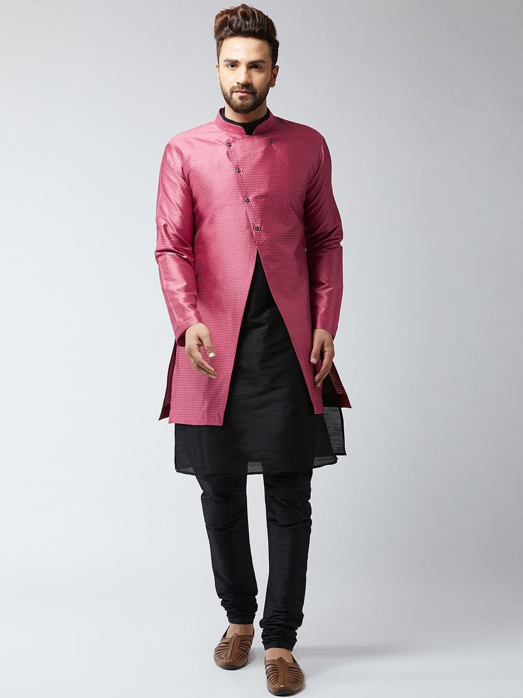 deyaan-men-pink-&-black-silk-blend-self-design-sherwani-with-achkan