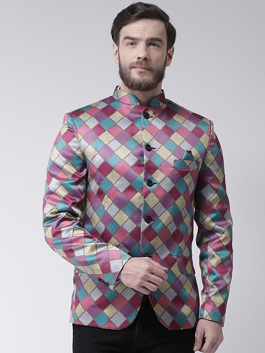 hangup-men-multicoloured-checked-regular-fit-bandhgala-blazer