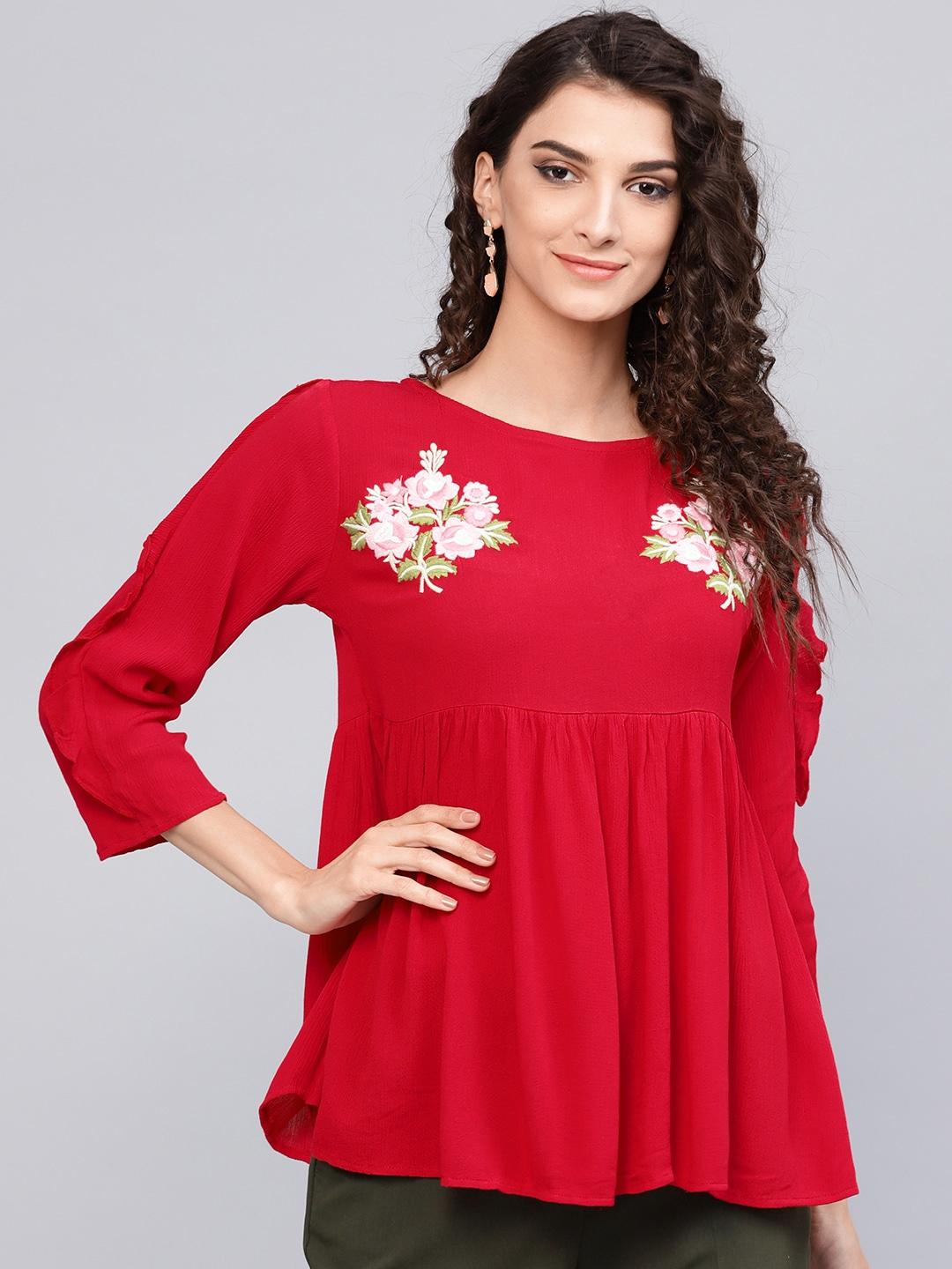 Bhama Couture Women Red Solid A-Line Pure Cotton Top