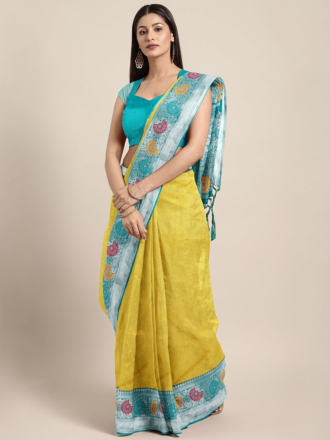 Varkala Silk Sarees Yellow & Teal Green Silk Cotton Solid Banarasi Saree