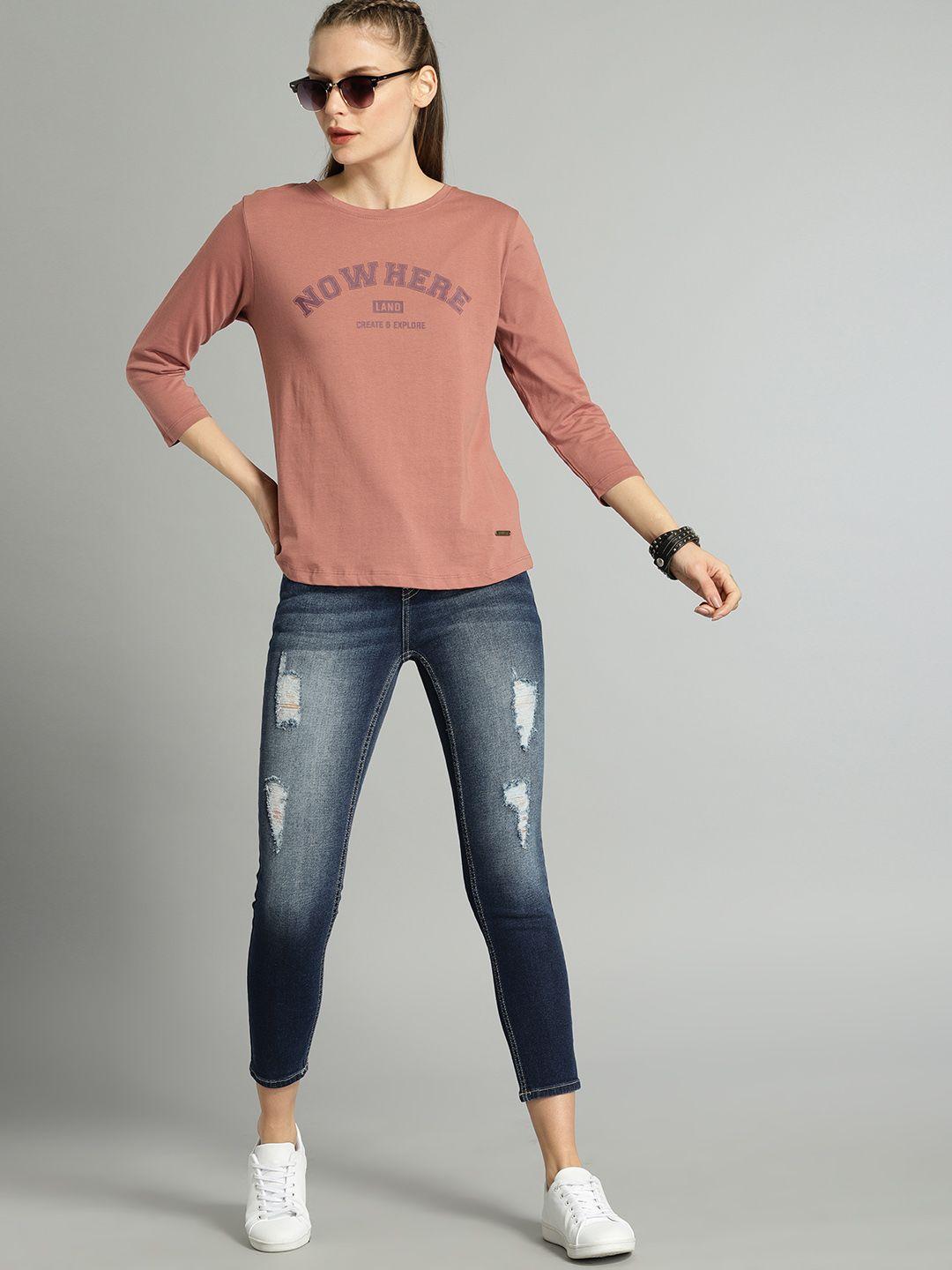 The Roadster Lifestyle Co Women Mauve Printed Round Neck T-shirt