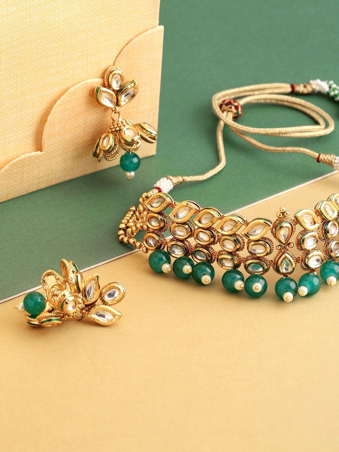 Priyaasi Green Gold-Plated Handcrafted Kundan Stone-Studded Beaded Jewellery Set