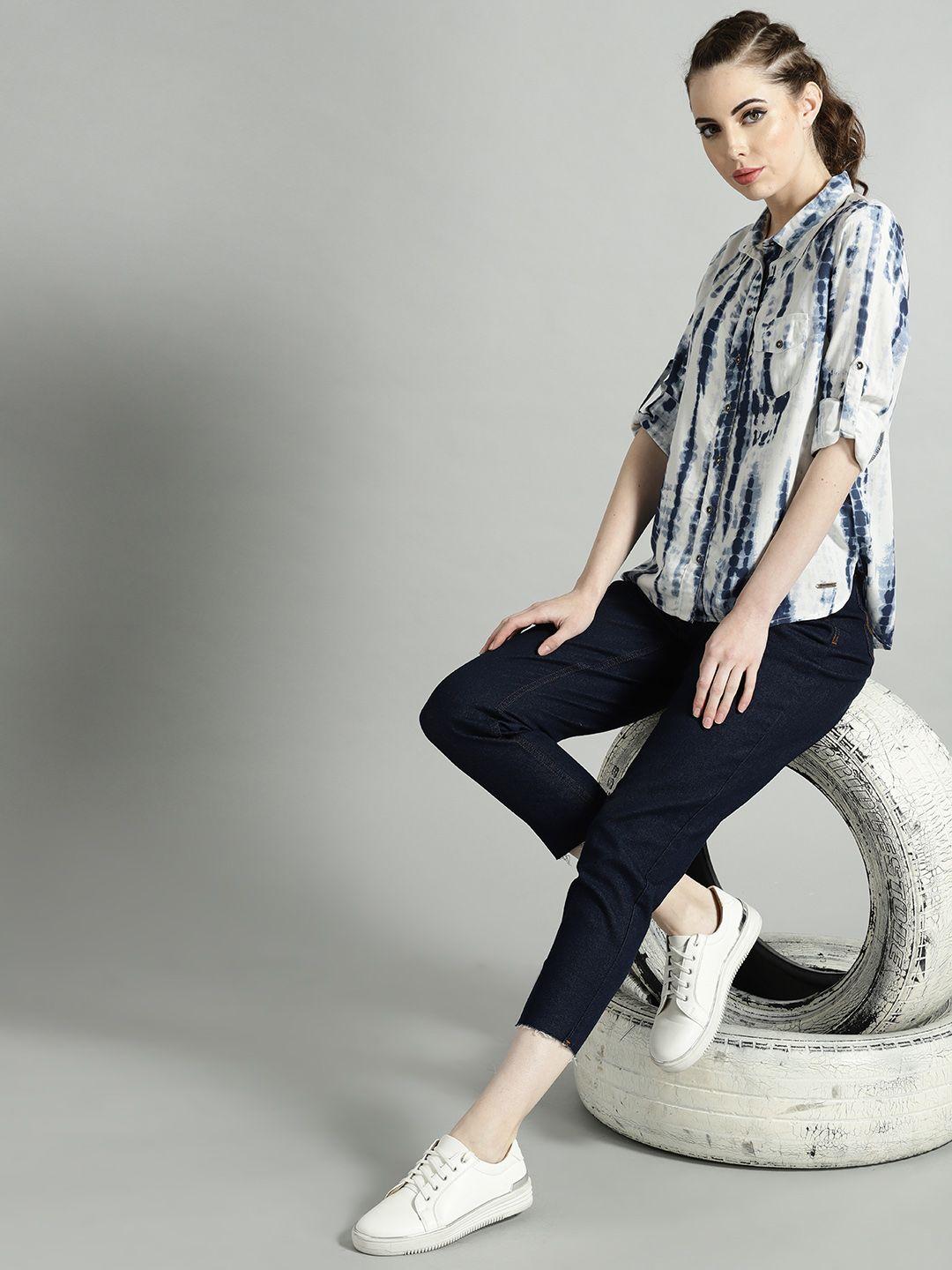Roadster Women White & Navy Blue Regular Fit Dyed Casual Shirt