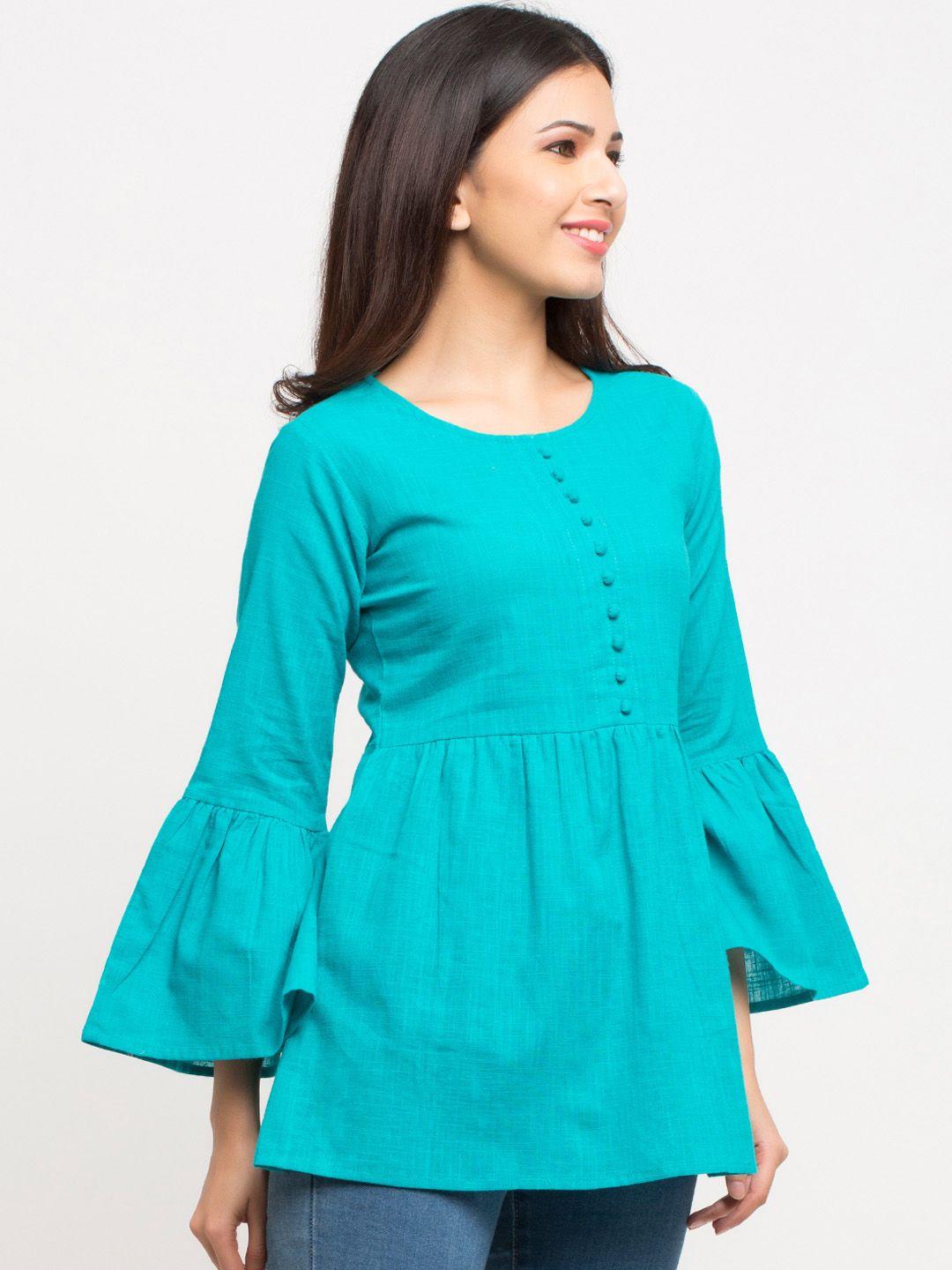 YASH GALLERY Women Teal Solid A-Line Top