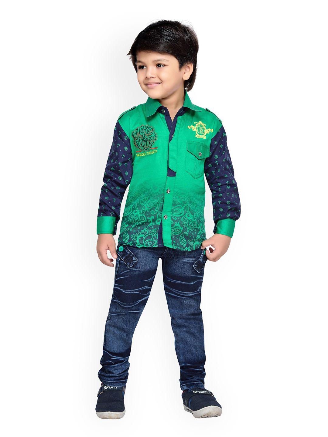 Kidling Boys Green & Blue Printed Shirt with Jeans