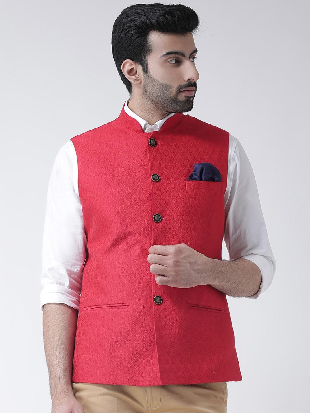 KISAH Men Red Woven Design Nehru Jacket