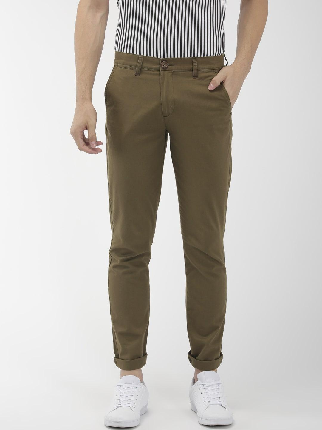 The Indian Garage Co Men Olive Green Slim Fit Solid Chinos