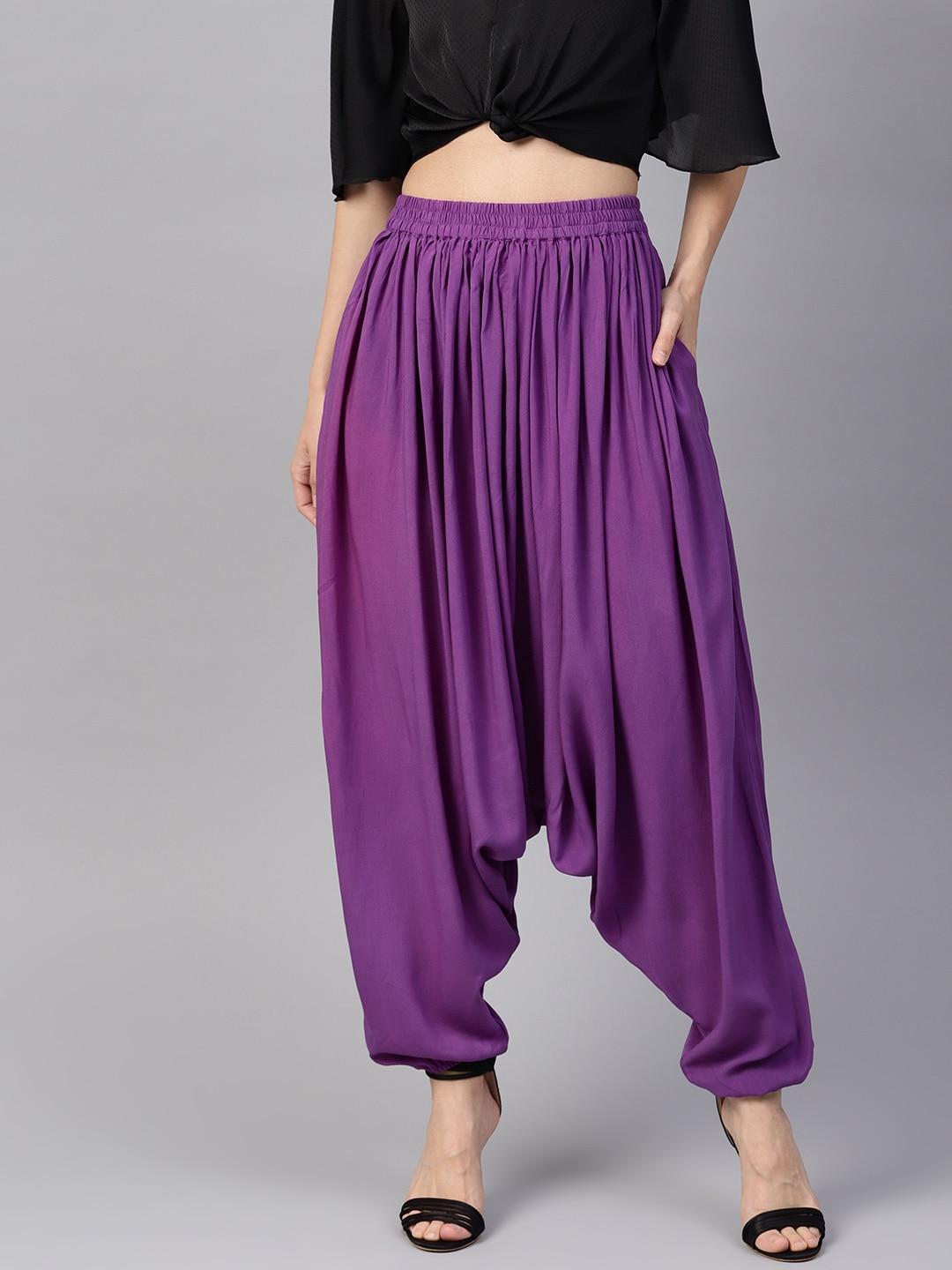 jaipur-kurti-women-purple-flared-solid-drop-crotch-trousers