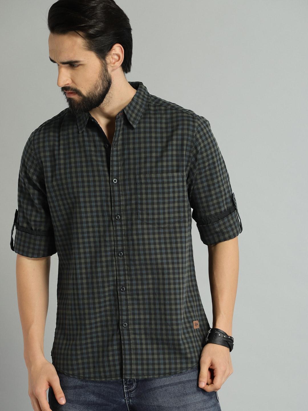 The Roadster Lifestyle Co Men Olive Green & Black Regular Fit Checked Sustainable Casual Shirt