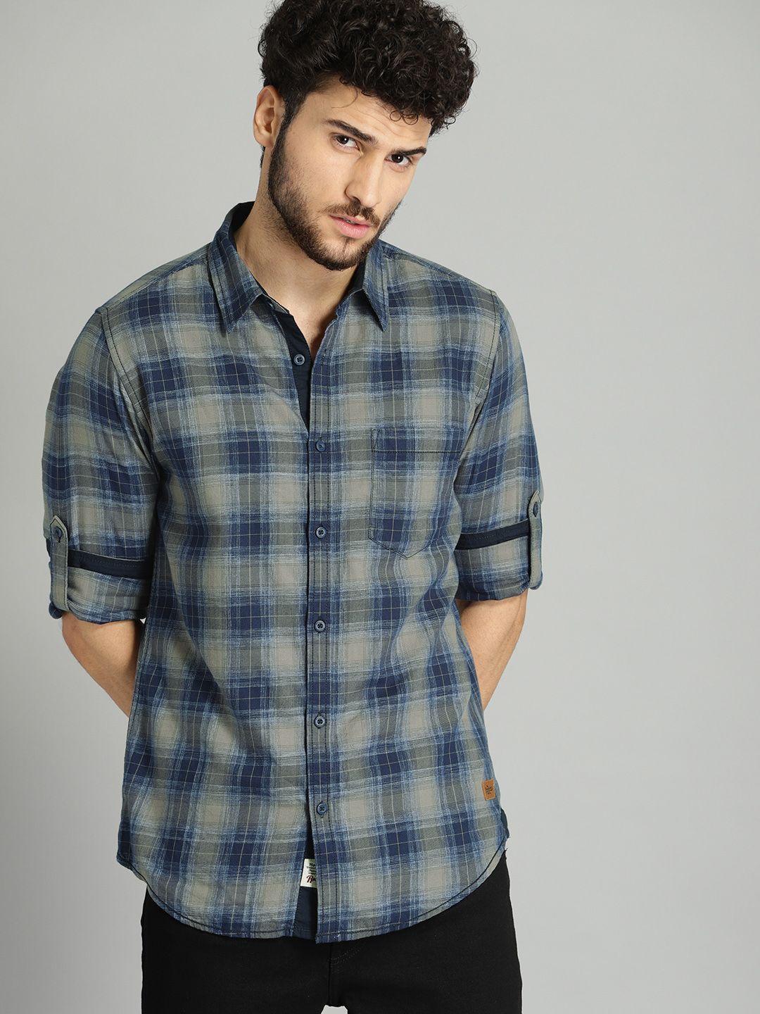 Roadster Men Navy Blue & Grey Checked Casual Sustainable Shirt