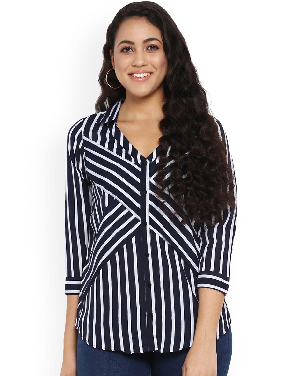 qurvii-plus-size-women-navy-blue-regular-fit-striped-casual-shirt