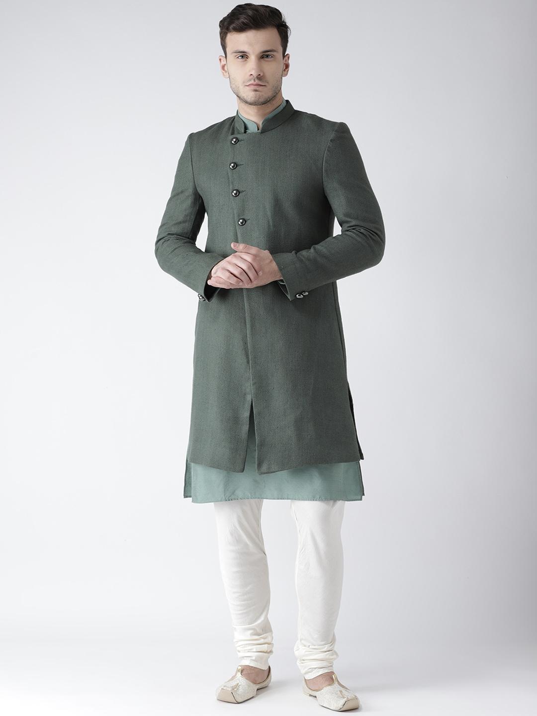KISAH Men Green & Off-White Sherwani Set