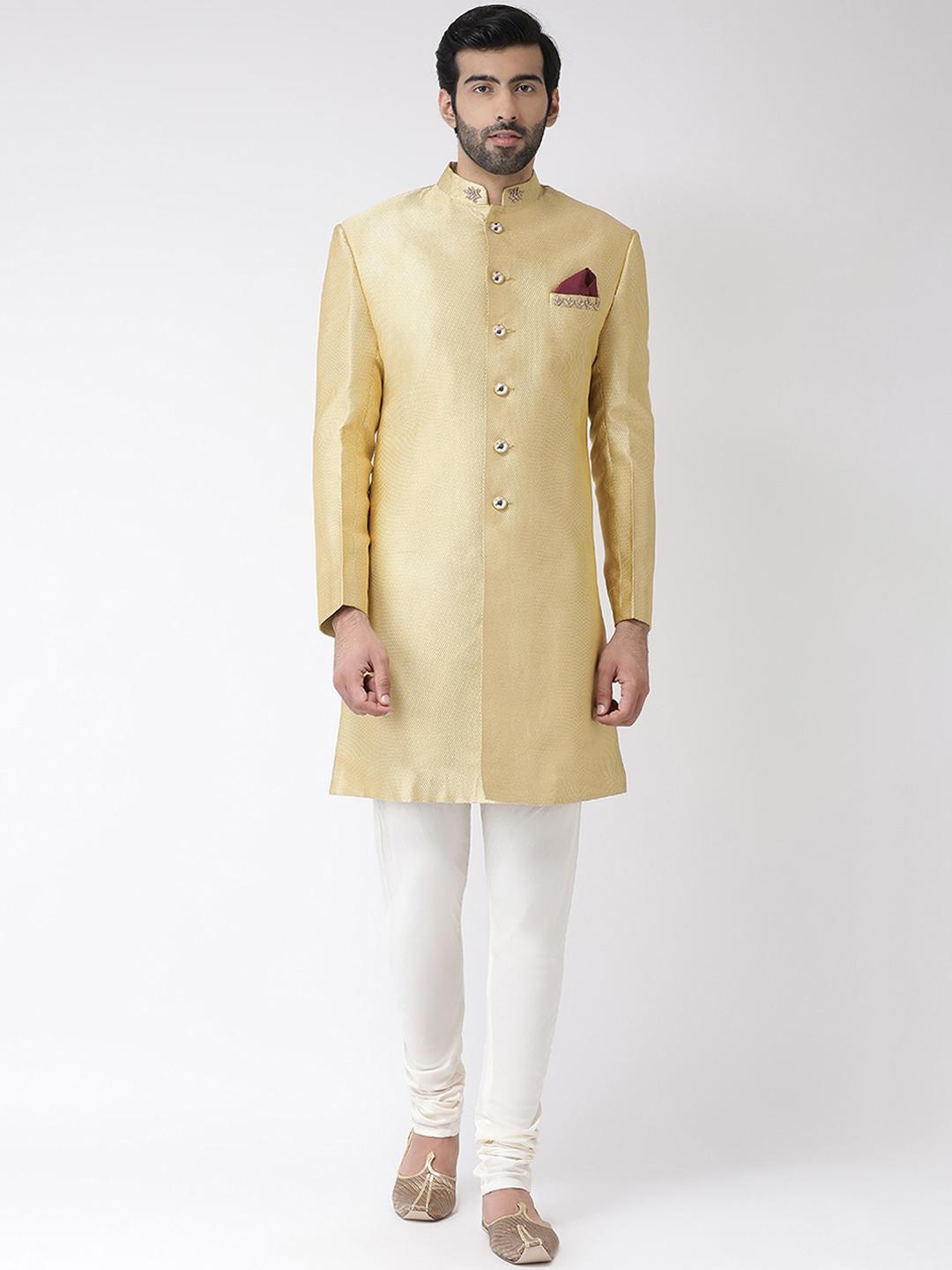 KISAH Men Gold-Coloured & White Woven Design Sherwani Set