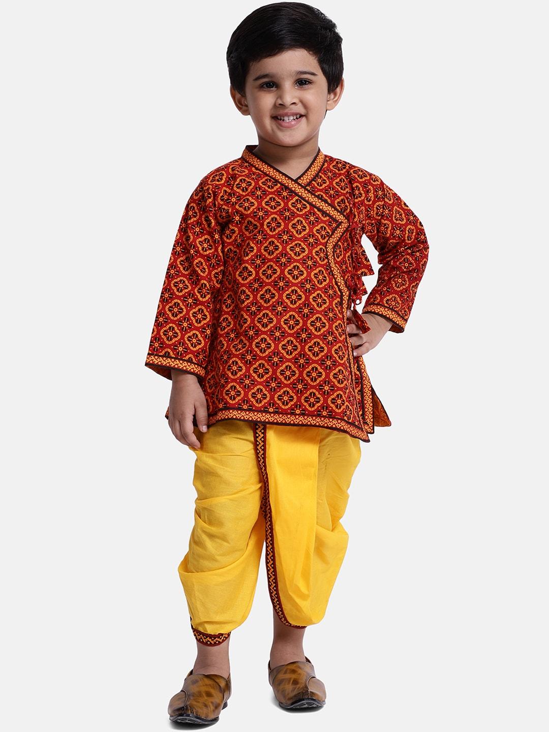 bownbee-boys-red-&-yellow-printed-kurta-with-dhoti-pants