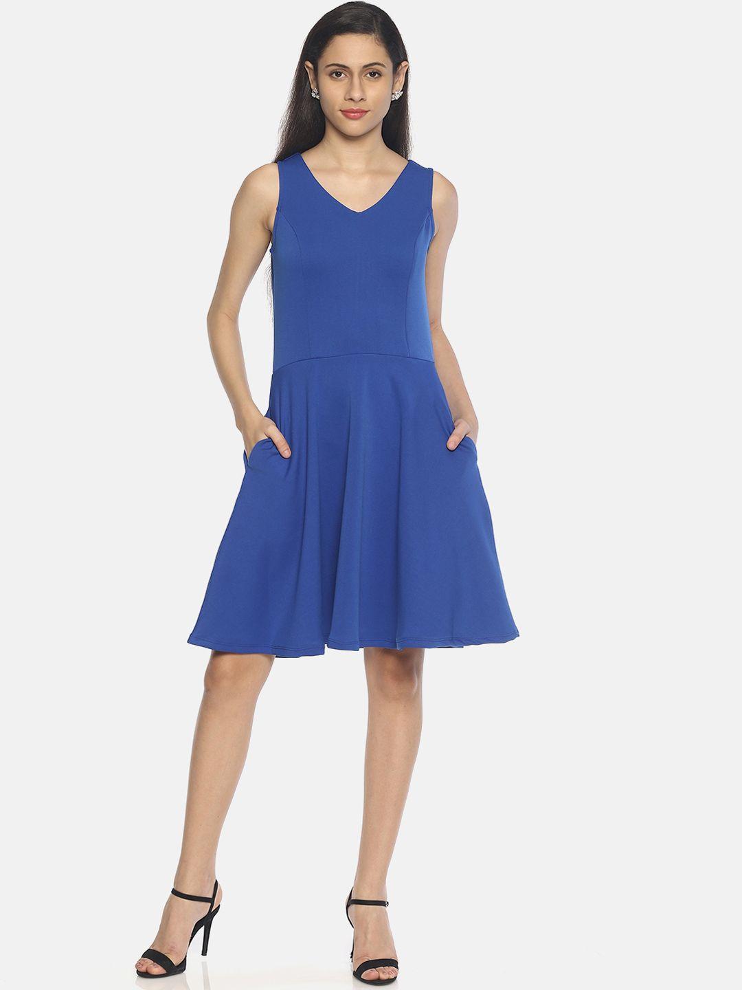 AARA Women Solid Blue A-Line Dress