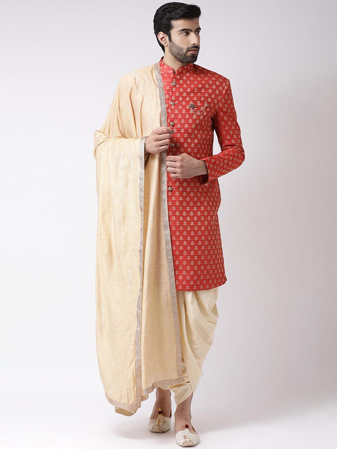 kisah-men-red-&-beige-printed-sherwani-set