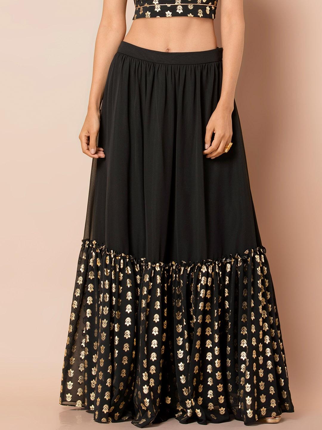 INDYA Women Black Printed Tiered Maxi Skirt