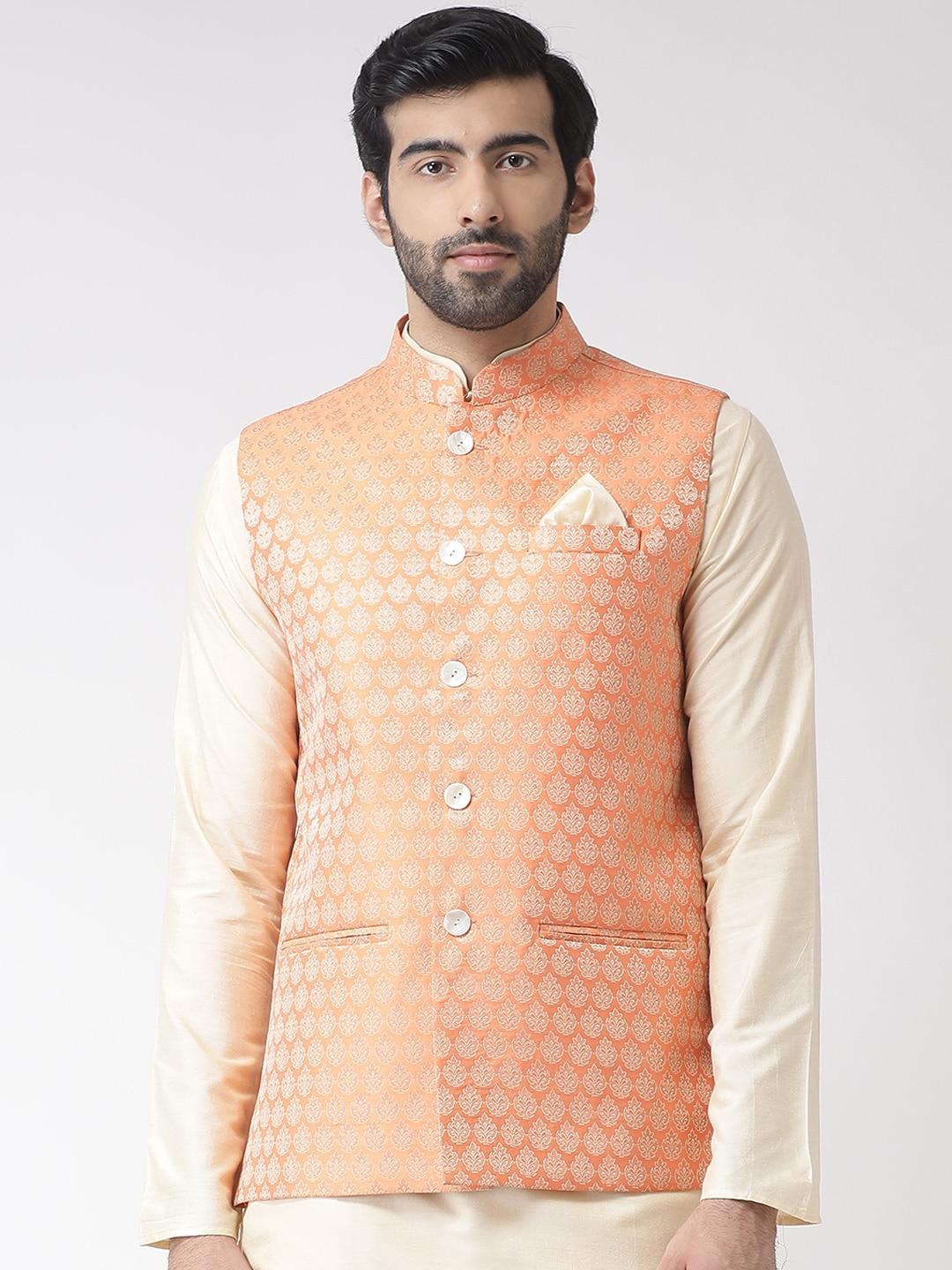 KISAH Men Peach-Colured Printed Nehru Jacket