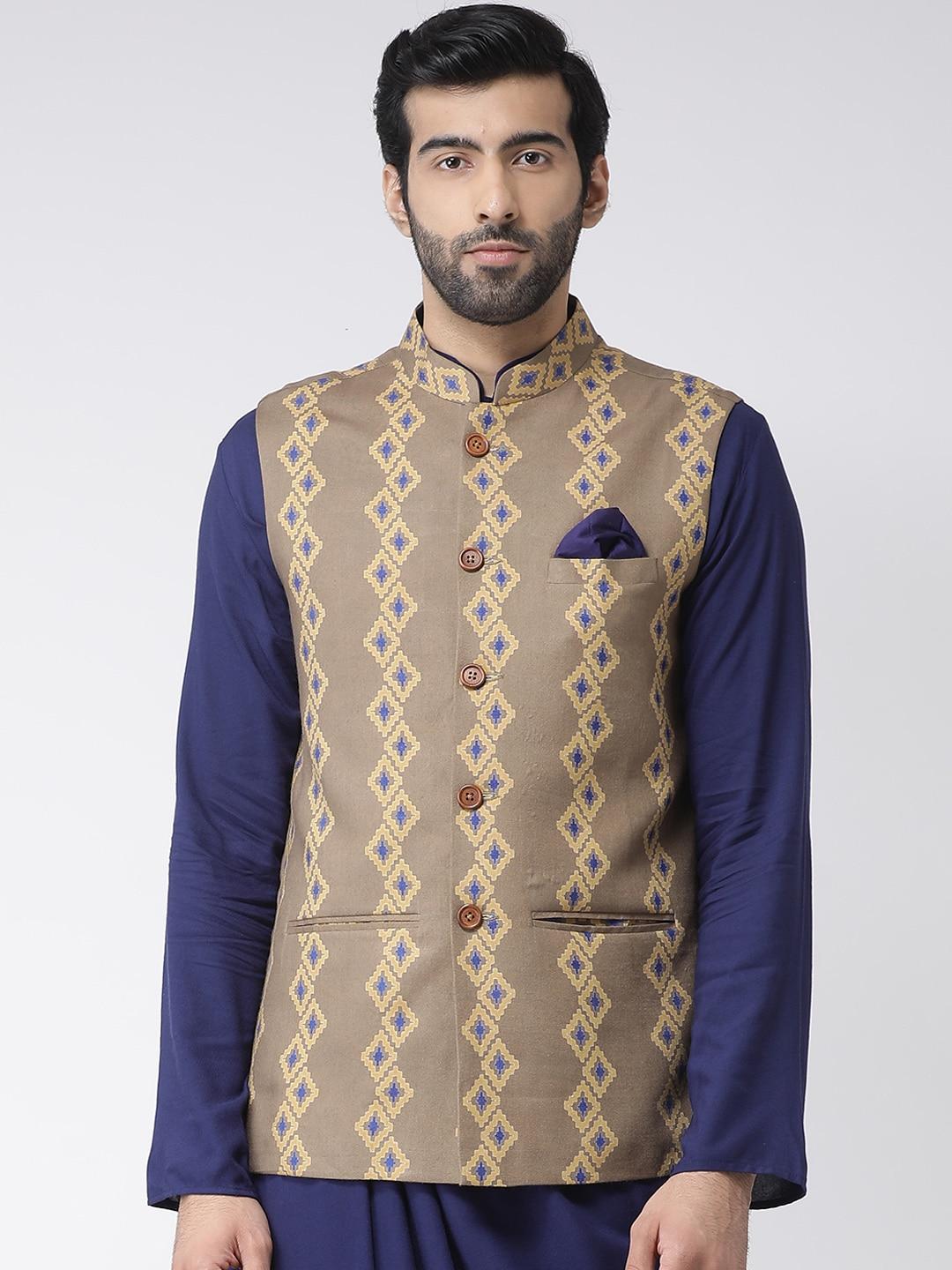 kisah-men-khaki-&-blue-printed-nehru-jackets