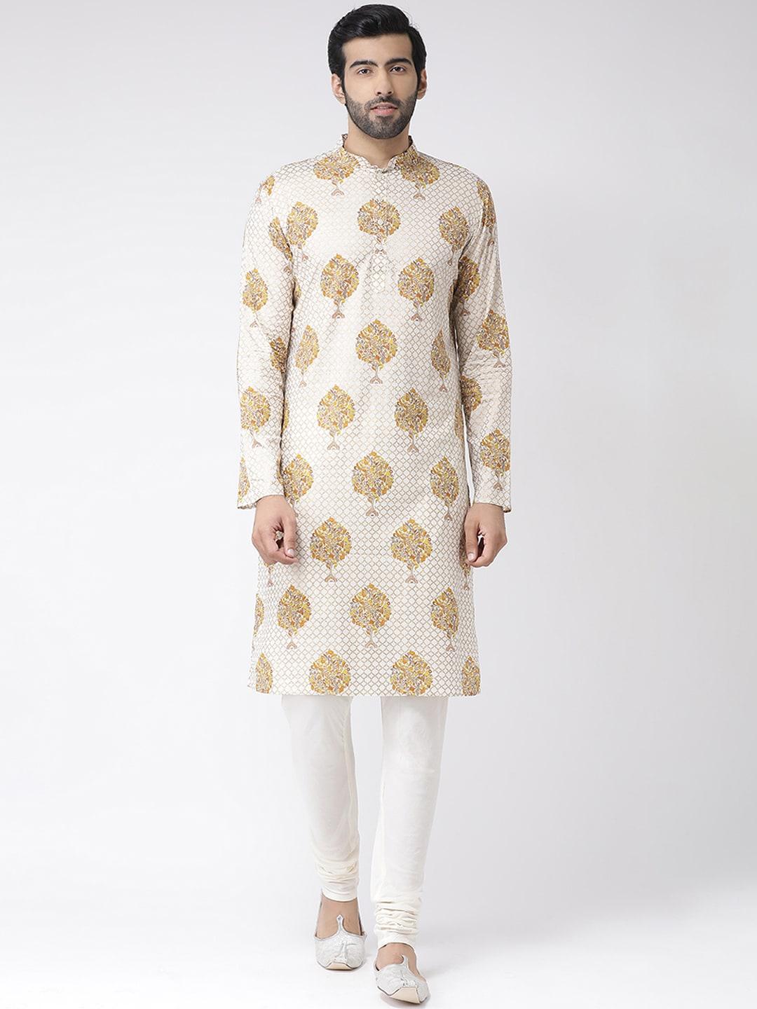 kisah-men-cream-coloured-&-gold-toned-printed-kurta-with-churidar