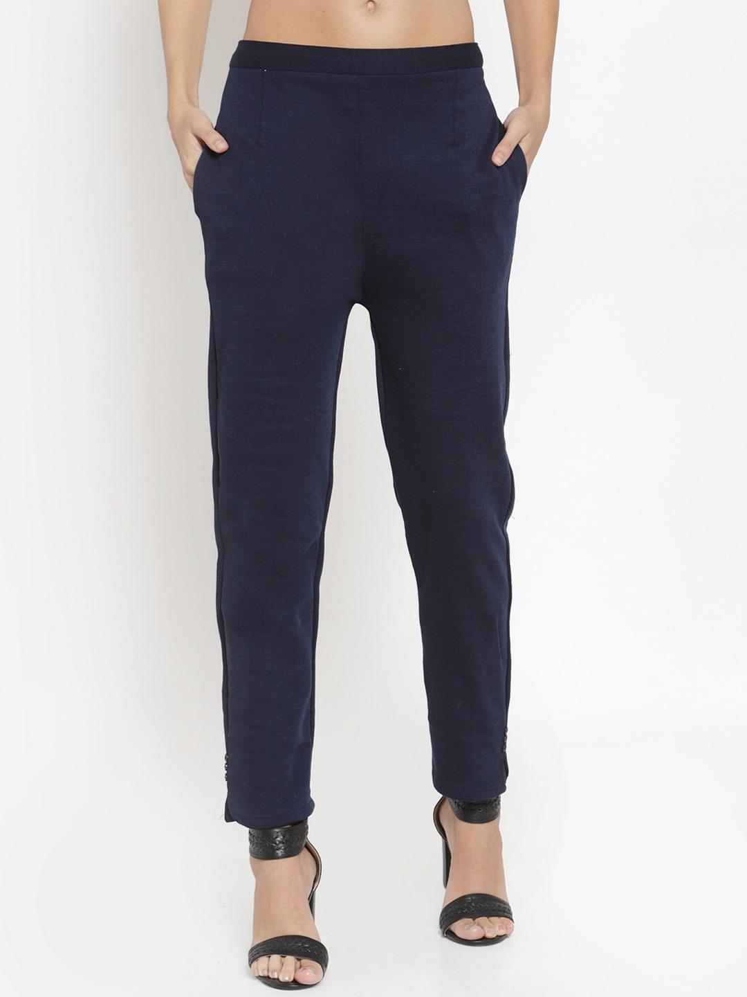 Clora Creation Women Navy Blue Solid Cropped Woollen Trousers