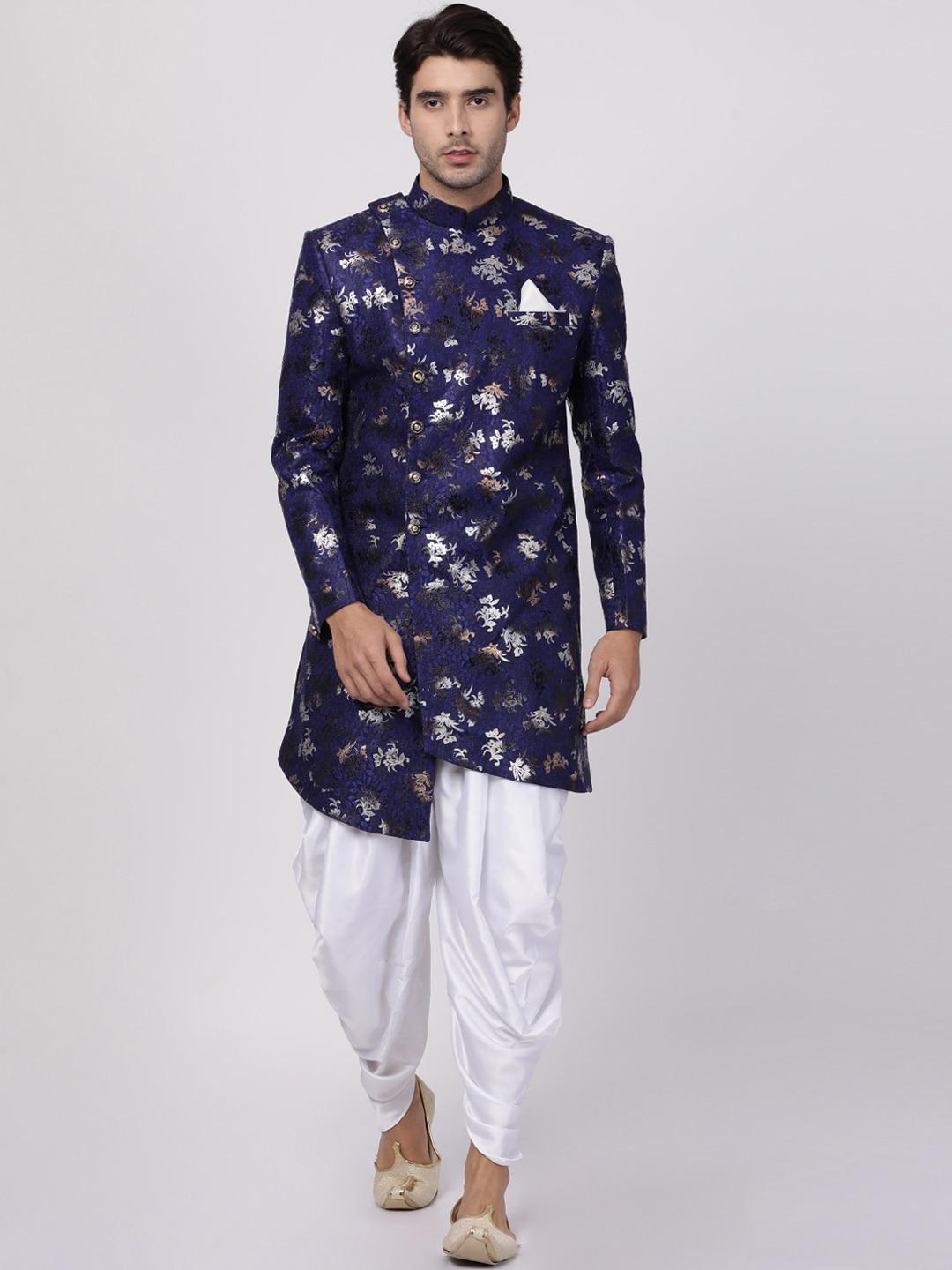 vastramay-men-royal-blue-&-white-floral-printed-sherwani-with-dhoti-pant-set
