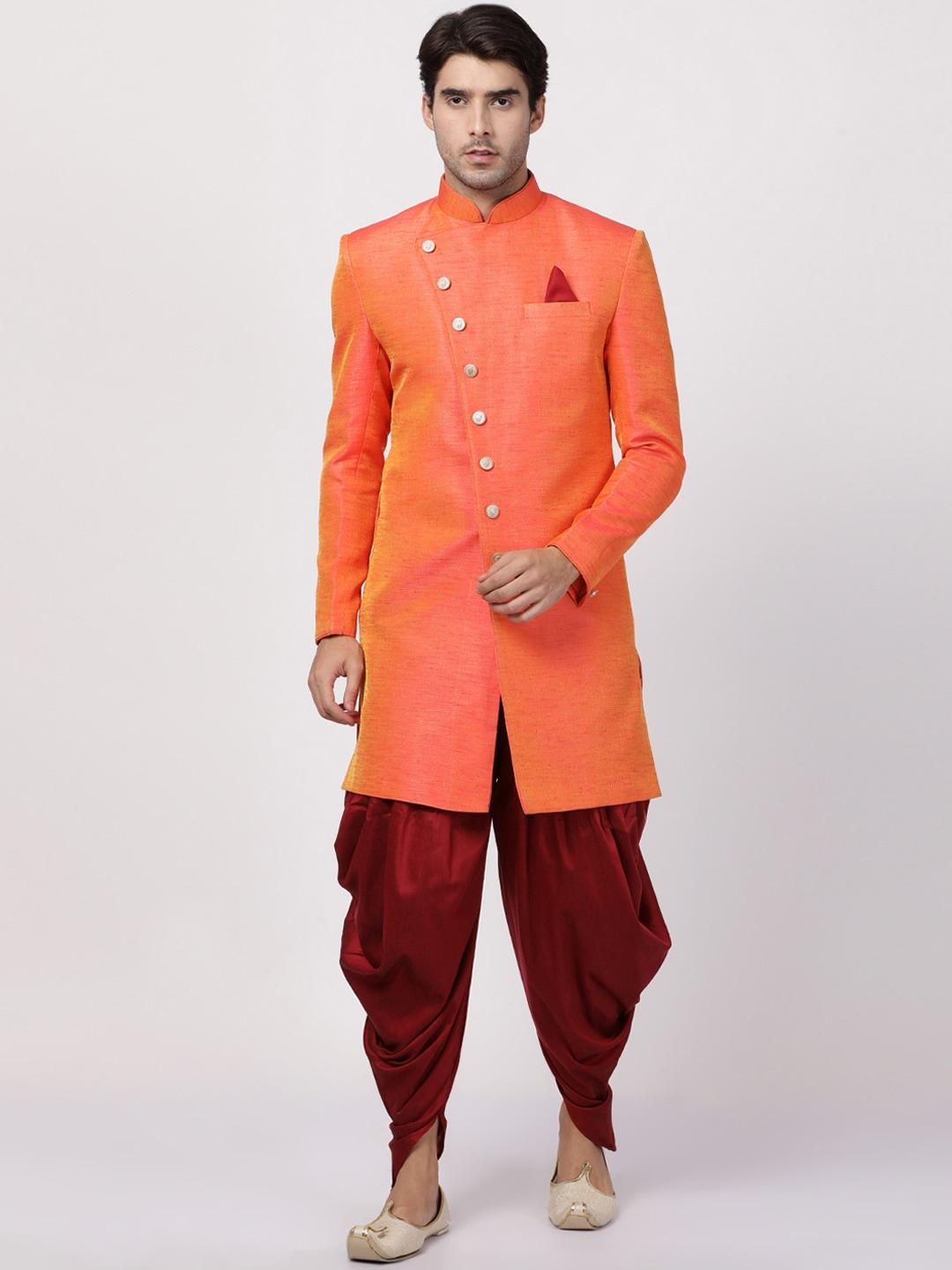 vastramay-men-orange-&-maroon-solid-silk-sherwani-with-dhoti-pant-set