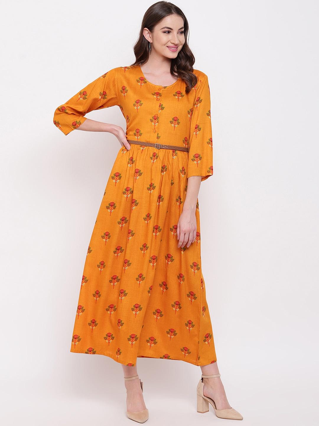 Mayra Women Mustard Yellow Floral Print Fit and Flare Dress