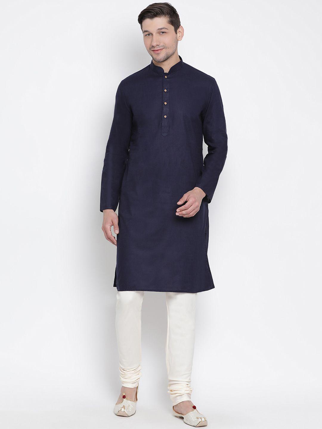 vastramay-men-navy-blue-&-cream-coloured-solid-kurta-with-pyjamas