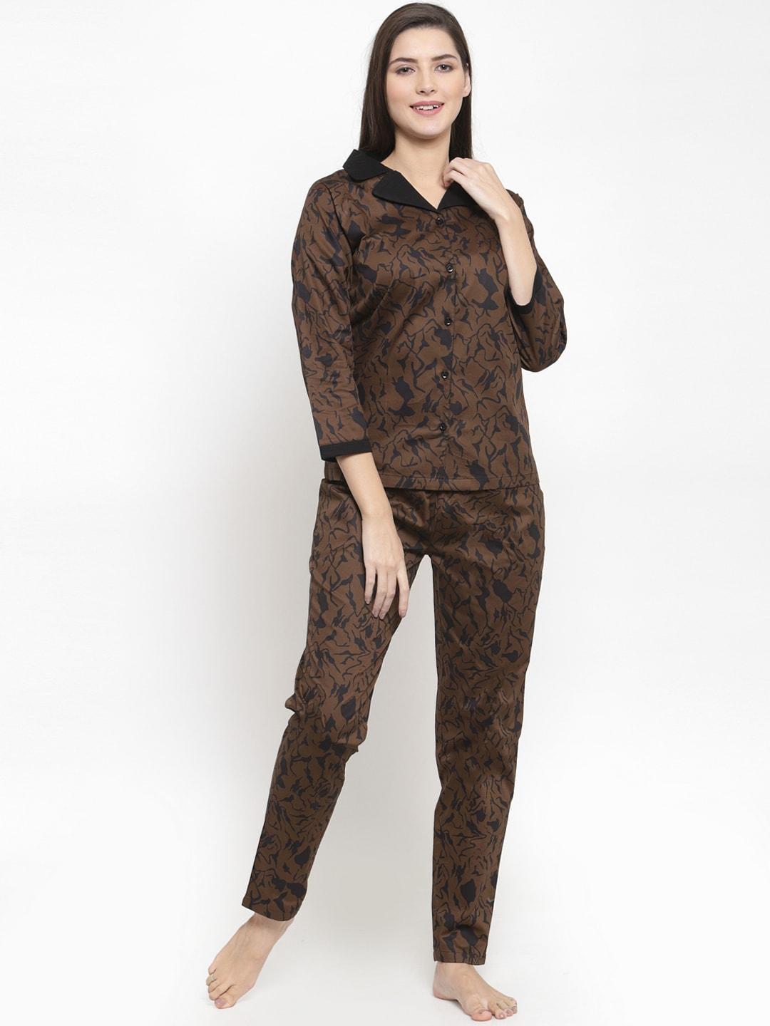 Claura Women Coffee Brown & Black Printed Night Suit Cot-153