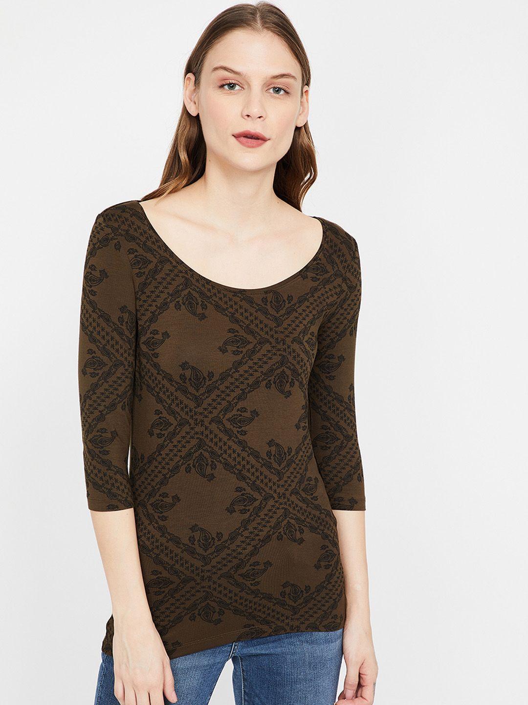 CODE by Lifestyle Women Olive Brown Printed Top