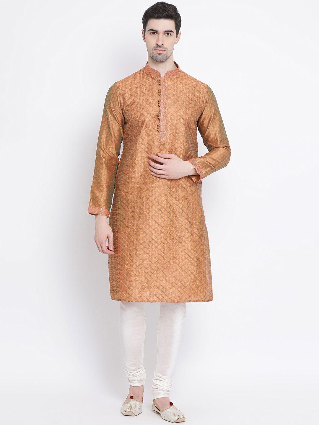 sanwara-men-rust-&-white-woven-design-kurta-with-churidar