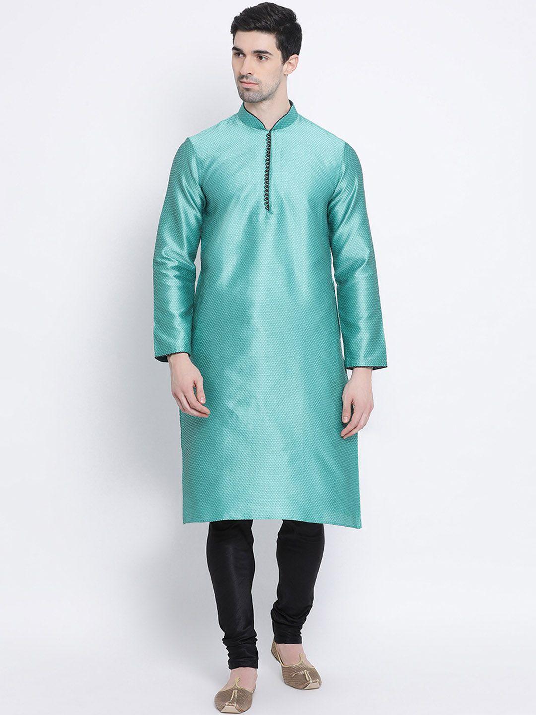 sanwara-men-green-&-black-self-design-pure-silk-kurta-with-churidar