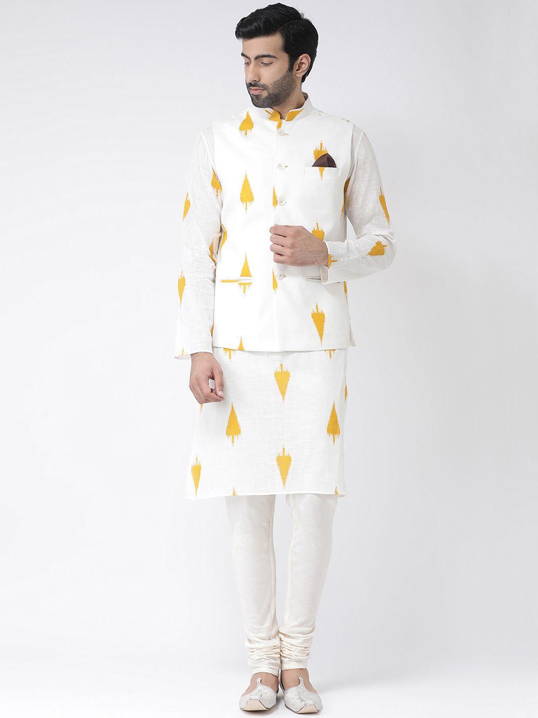kisah-men-white-&-yellow-printed-kurta-set