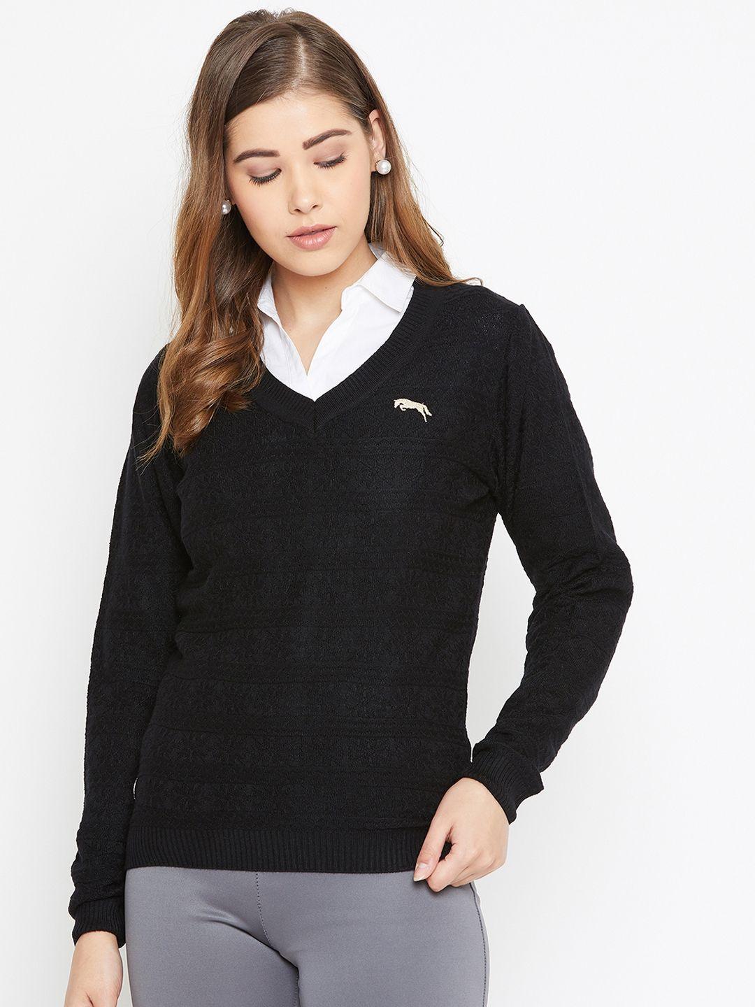 jump-usa-women-black-self-design-acrylic-pullover-sweater