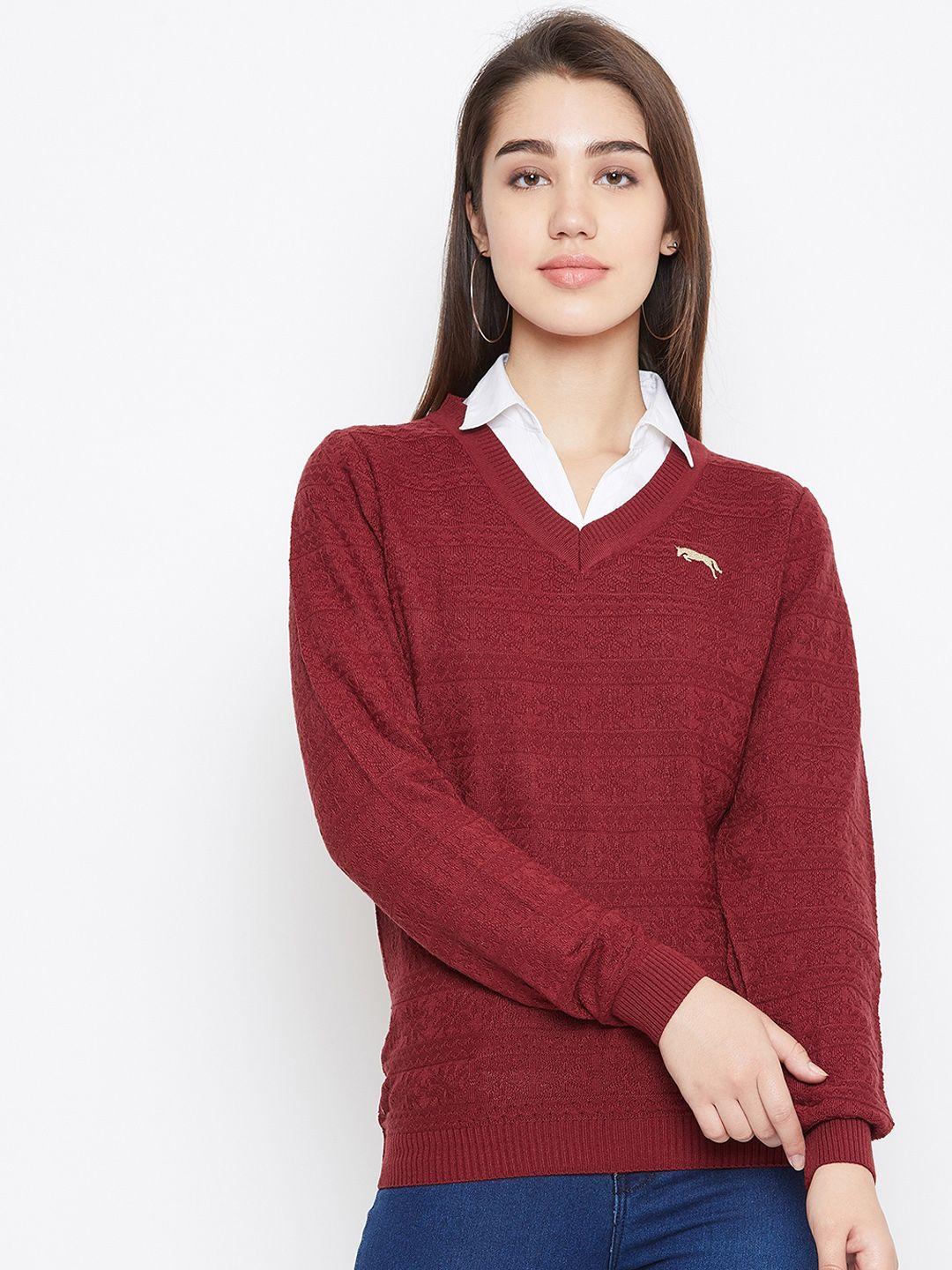 jump-usa-women-red-self-design-acrylic-pullover-sweater