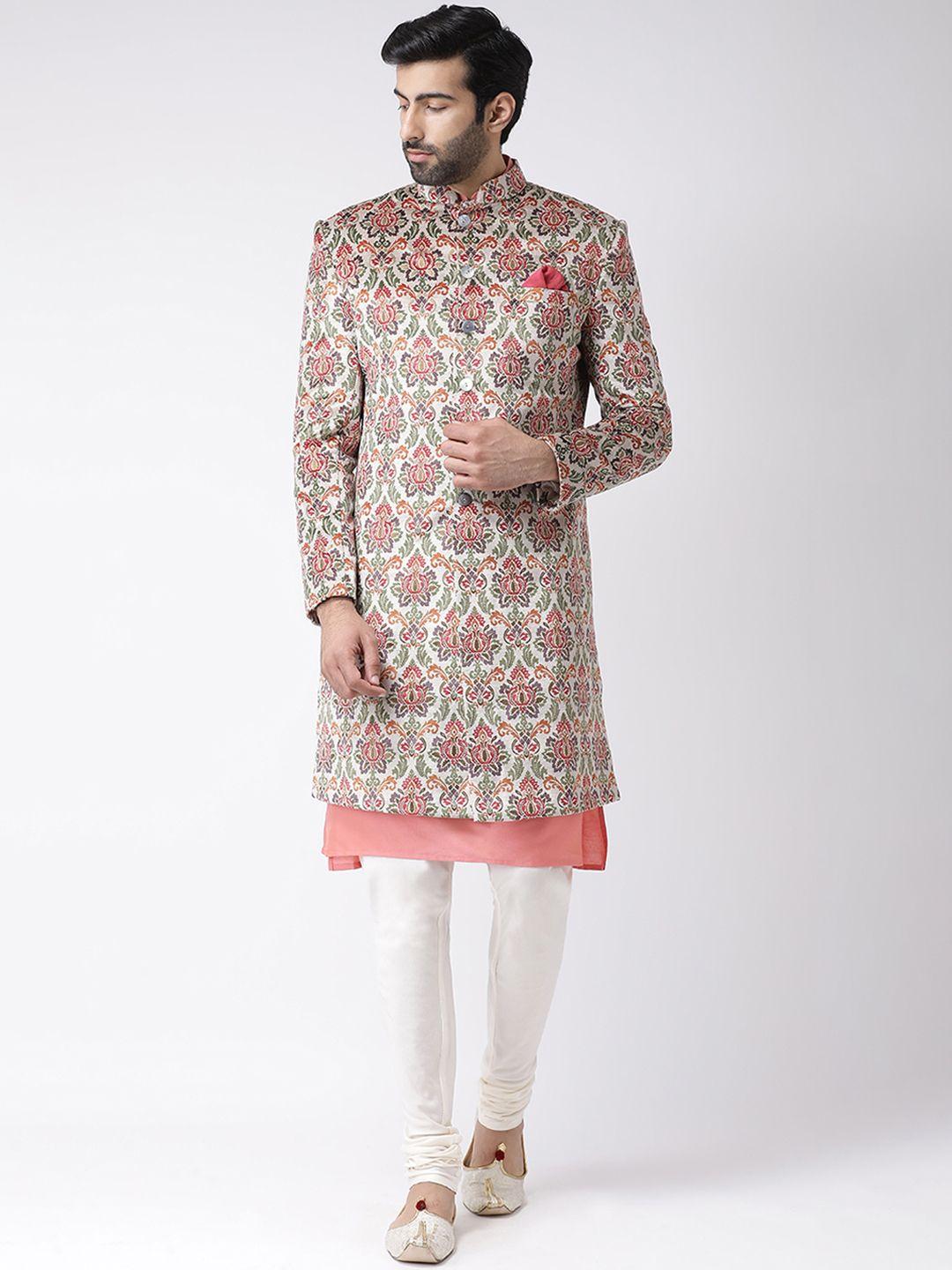 KISAH Men Peach Coloured & Off-White Printed Velvet Sherwani Set