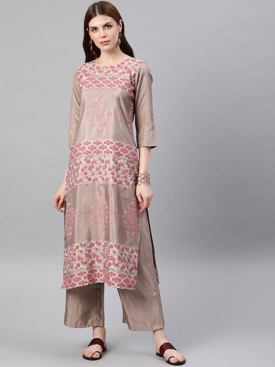 ziyaa-women-beige-&-pink-printed-straight-kurta
