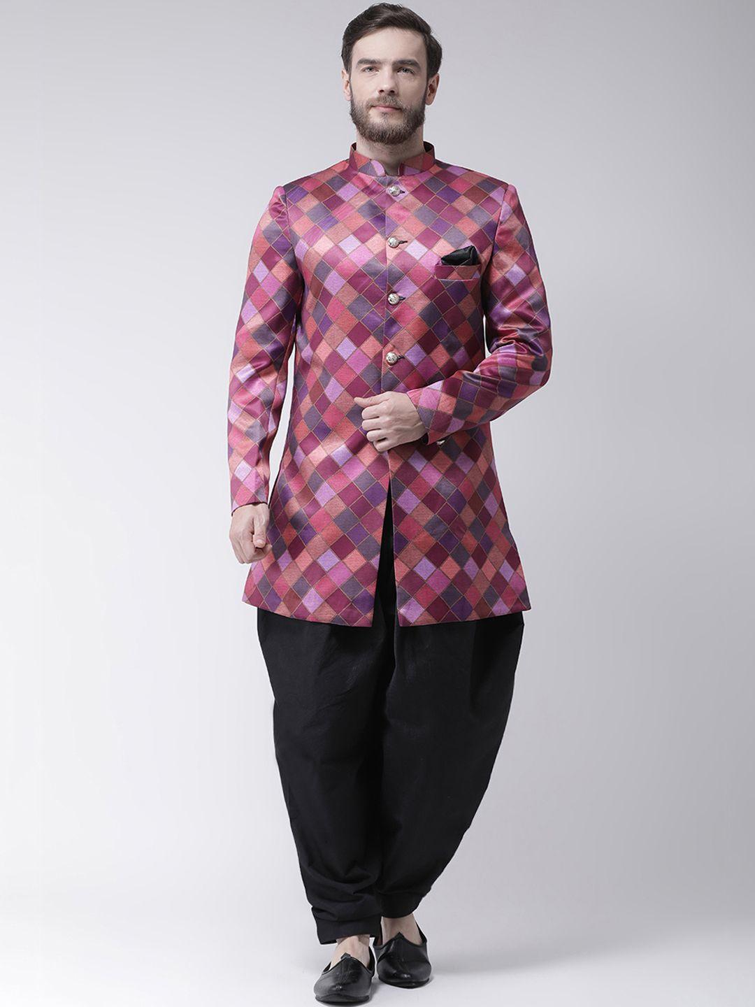 hangup-men-multicoloured-printed-sherwani-with-black-solid-dhoti-pants