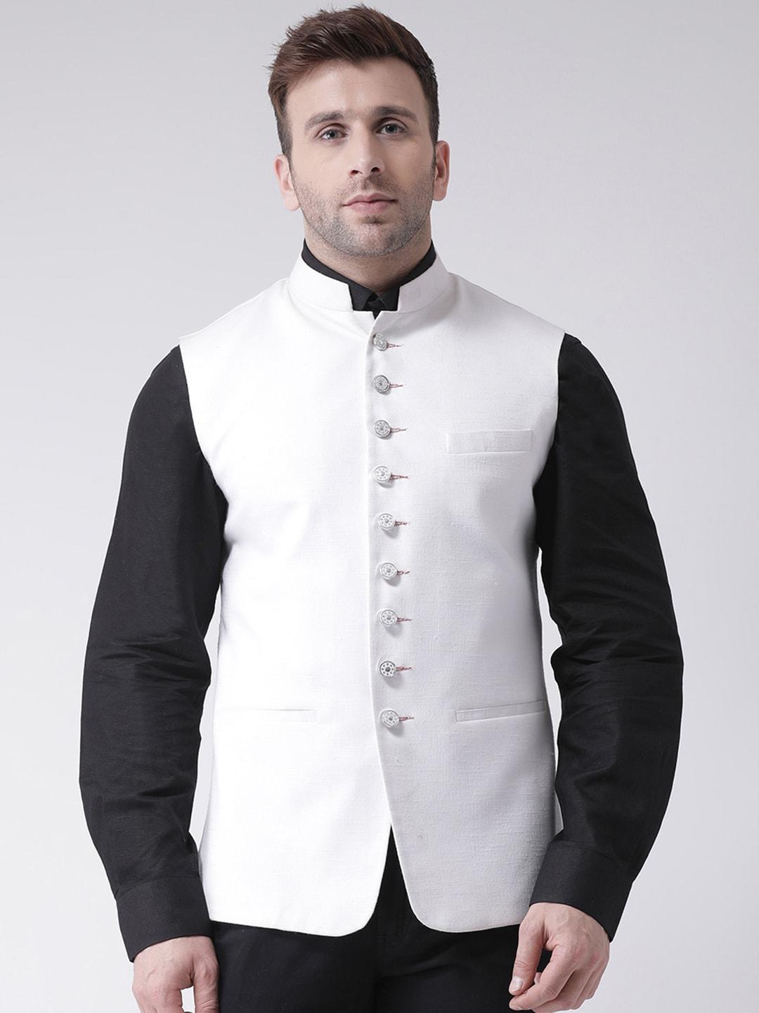 Hangup Men White Solid Nehru Jacket
