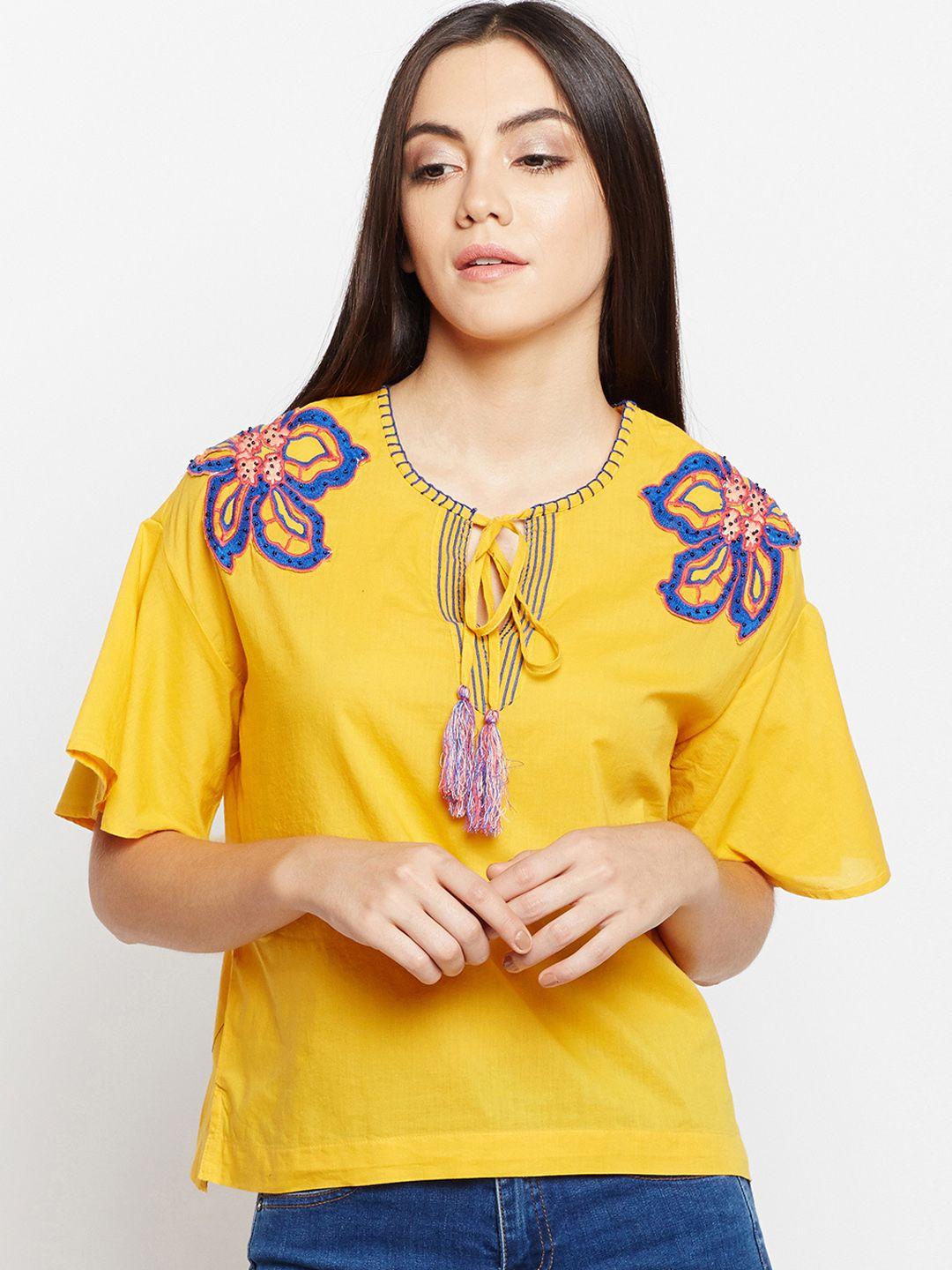 oxolloxo-women-yellow-solid-extended-sleeves-pure-cotton-top